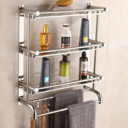 Living And Home Chrome Wall Mounted Metal Bathroom Shelving Shower Organizer With Towel Rail Rack And Hook