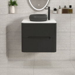 Royal Bathrooms Venice 600mm Matt Nocturne Black Wall Mounted Bathroom Countertop Vanity Unit 2 Drawer With Milan Black Basin - thumbnail 1