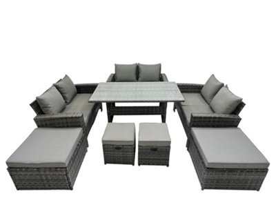 Fimous 10 Seater Wicker Pe Rattan Furniture Outdoor Dining Table Double Seat Sofa 4 Stools Set Dark Grey Mixed - image 1