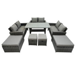 Fimous 10 Seater Wicker Pe Rattan Furniture Outdoor Dining Table Double Seat Sofa 4 Stools Set Dark Grey Mixed - thumbnail 1