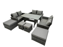 Fimous 10 Seater Wicker Pe Rattan Furniture Outdoor Dining Table Double Seat Sofa 4 Stools Set Dark Grey Mixed - thumbnail 2