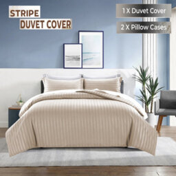 Ameha Stripe Duvet Set With Pillowcase Reversible Bedding & Soft Microfiber Cover Beige Super King Size 260X220Cm