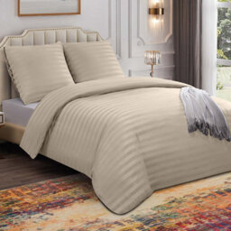 Ameha Stripe Duvet Set With Pillowcase Reversible Bedding & Soft Microfiber Cover Beige Super King Size 260X220Cm - thumbnail 3