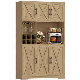 Natural Wood Kitchen Cupboard,180Cm Tall Kitchen Cabinet, Pantry Cupboard Removable Wine Rack - thumbnail 1