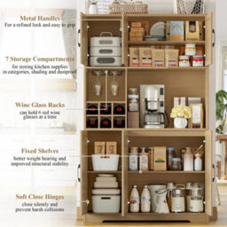 Natural Wood Kitchen Cupboard,180Cm Tall Kitchen Cabinet, Pantry Cupboard Removable Wine Rack - thumbnail 3
