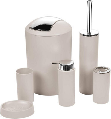 Zuvo Bathroom Accessories Set 6 Piece - Trash Can, Toothbrush Holder, Toothbrush Cup, Soap Dispenser, Soap Dish, (Beige) - image 1