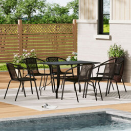 Thehotsale 120Cm L Garden Metal Slatted Coffee Table With Six Rattan Chairs Outdoor Rectangle Table In Black - thumbnail 1