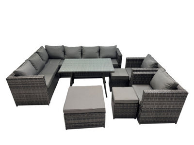 Fimous 11-Seater Outdoor Pe Rattan Sofa Set With Dining Table Patio Garden Furniture Sets With 2 Chair 3 Stools Dark Grey Mixed - image 1