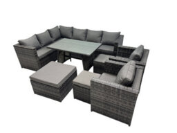 Fimous 11-Seater Outdoor Pe Rattan Sofa Set With Dining Table Patio Garden Furniture Sets With 2 Chair 3 Stools Dark Grey Mixed - thumbnail 2