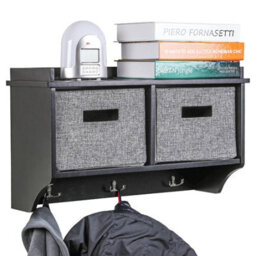 Wooden Wall-Mounted 3 Hook Coat Rack & Storage Unit Modern Entryway Organizer With Shelf & 2 Fabric Baskets W60 X D20 X H34Cm - thumbnail 2