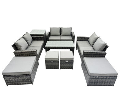 Fimous Outdoor Love Sofa Set 10 Seat Rattan Garden Furniture Set With Oblong Coffee Table 4 Stools Side Table Dark Grey Mixed - image 1