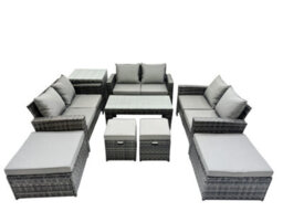 Fimous Outdoor Love Sofa Set 10 Seat Rattan Garden Furniture Set With Oblong Coffee Table 4 Stools Side Table Dark Grey Mixed - thumbnail 1