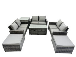 Fimous Outdoor Love Sofa Set 10 Seat Rattan Garden Furniture Set With Oblong Coffee Table 4 Stools Side Table Dark Grey Mixed - thumbnail 2