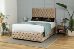 UKBEDFURNITURE Monaco Plush Beige End Opening Divan Ottoman Bed With 54 Inch Headboard & 10 Inch Orthopaedic Mattress - thumbnail 1