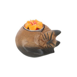 Curled Cat Tealight Holder - Handcrafted Monkey Pod Wood Decor - thumbnail 2