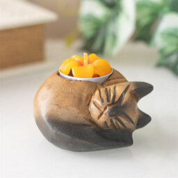 Curled Cat Tealight Holder - Handcrafted Monkey Pod Wood Decor - thumbnail 1