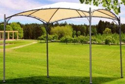 Curved Roof Metal Gazebo With Showerproof Sunshade Canopy, Beige, 3.0X3.0M