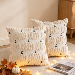 Amorly 2Pack 18 X 18In Beige Pumpkin Pillow Covers, Soft Faux Fur Plush Cushion Cases,no Inserts,autumn Decor For Porch, Sofa And Bedroom - thumbnail 5