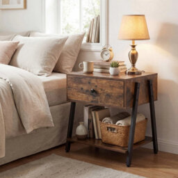 Industrial Nightstand With Drawer Bedside Table With Open Storage Shelf - thumbnail 3
