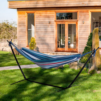 Outsunny 298 X 117Cm Hammock With Metal Stand Carrying Bag 120Kg Blue Stripe - image 1