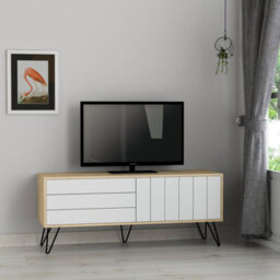 "Decortie Picadilly Modern Tv Unit Multimedia Centre Storage Cabinet Oak White 139Cm For 55"" Tv" - thumbnail 1