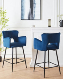 Beliani Set Of 2 Bar Chairs Sanilac Velvet Navy Blue - thumbnail 2