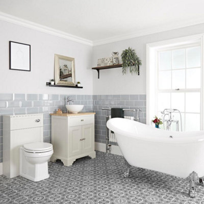 Homestylestore Antique White Bathroom Suite With Double Ended Slipper Bath, 645mm Vanity Unit Back To Wall Toilet - image 1