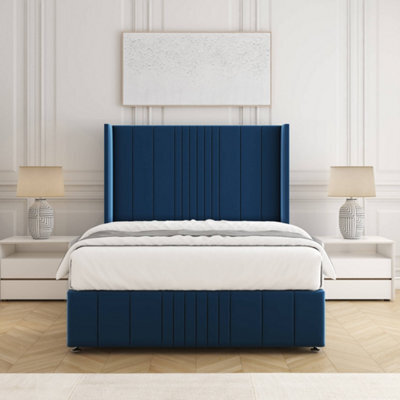 Bsspoke Elise Divan Bed Set Blue Plush Velvet 54Inch Wingedback Headboard & Footboard & Mattress No Drawers In All Sizes - image 1