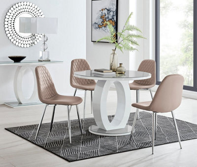 Furniturebox Giovani Round 4 Seat 100Cm White High Gloss Halo Base Grey Glass Top Dining Table 4 Beige Faux Leather Silver Leg Corona Chairs - image 1