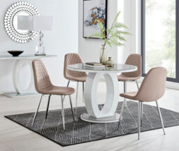 Furniturebox Giovani Round 4 Seat 100Cm White High Gloss Halo Base Grey Glass Top Dining Table 4 Beige Faux Leather Silver Leg Corona Chairs