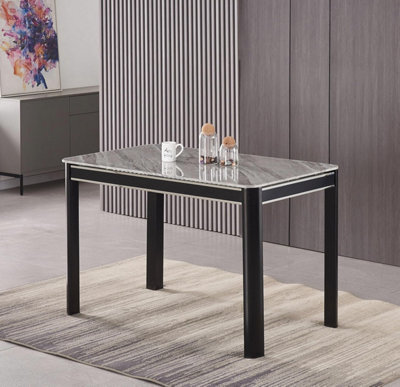 Furnizone UK Milano 4-Seater Grey Marble-Effect Glass And Black Metal Legs Dining Table - image 1