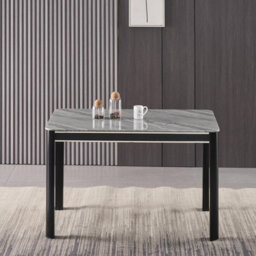Furnizone UK Milano 4-Seater Grey Marble-Effect Glass And Black Metal Legs Dining Table - thumbnail 2