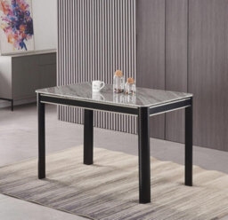 Furnizone UK Milano 4-Seater Grey Marble-Effect Glass And Black Metal Legs Dining Table
