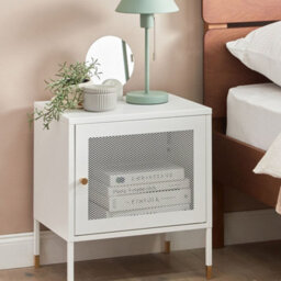 Wyld And Coco Novahome Bedside Table - Matt White Powder-Coated Steel, Mesh Door, Compact Nightstand (W45 X D35 X H51Cm) - thumbnail 2