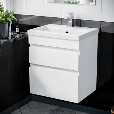 Nes Home Hardie 500mm 2 Drawer White Wall Hung Vanity Cabinet And Basin Sink Unit - image 1