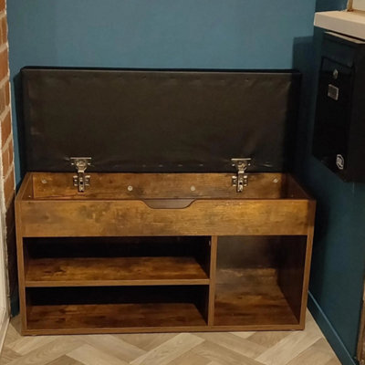 Shoe Bench Small Storage Cabinet Vintage Industrial Shoe Rack Padded Seat - image 1