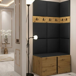 Anteroom Set Orion I Artisan Oak Shoe Cabinet Hangers Eco Leather Black Panels