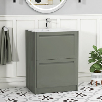 Royal Bathrooms Elmore 600mm Traditional Floor Standing 2 Drawer Bathroom Vanity Unit With Sintered Stone Basin Sink - Matt Green - image 1
