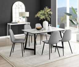 Furniturebox Carson 6 Seater White Marble Effect Rectangular Scratch Resistant Dining Table With 6 Grey Corona Faux Leather Black Leg Chairs
