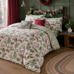Dreams & Drapes Winter Sprigs Watercolour Print 100% Brushed Cotton Green Duvet Cover Set - thumbnail 5