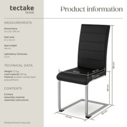 Tectake Set Of 6 Dining Chairs - Cantilevered, High Backrest, Flat Steel Frame  - Black - thumbnail 6