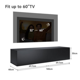 Elegant Floating Tv Stand Cabinet, Black Wall-Mounted Tv Unit With Drop-Down Door, 140X40X30Cm - thumbnail 4