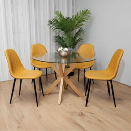 Kosy Koala Round Glass Dining Table Set With 4 Mustard Gem Pattern Chairs Dining Room Furniture - thumbnail 1