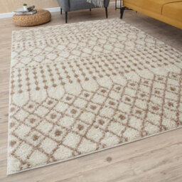 The Rugs Soft Moroccan Diamond Shaggy Rugs And Runners High Pile Ivory And Beige Living Room Kitchen Hallway 1030 - thumbnail 1