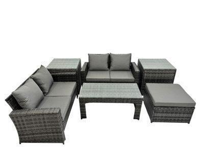 Fimous Outdoor Love Sofa Set 5 Seat Rattan Garden Furniture Set With Oblong Coffee Table Big Footstool Side Table Dark Grey Mixed - image 1