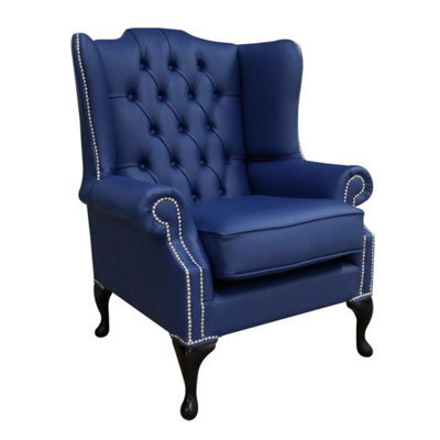 Chesterfield High Back Wing Chair Shelly Bilberry Blue Leather In Mallory Style - image 1