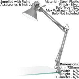 Adjustable Silver Steel Table Desk Lamp With E27 Bulb Socket - thumbnail 2