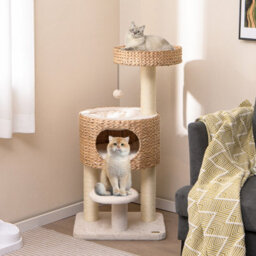 Costway Modern Cat Tower W/ Top Perch Indoor Cat Tree Cattail Fluff Condo - thumbnail 3