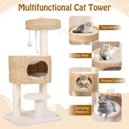 Costway Modern Cat Tower W/ Top Perch Indoor Cat Tree Cattail Fluff Condo - thumbnail 5