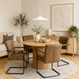 Wyld Haus Rome Round Wild Oak-Effect Dining Set With 4 Light Brown Fabric Chairs - thumbnail 1